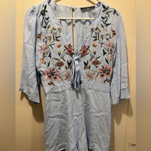 Lulumari Sky Blue romper with Floral Embroidery